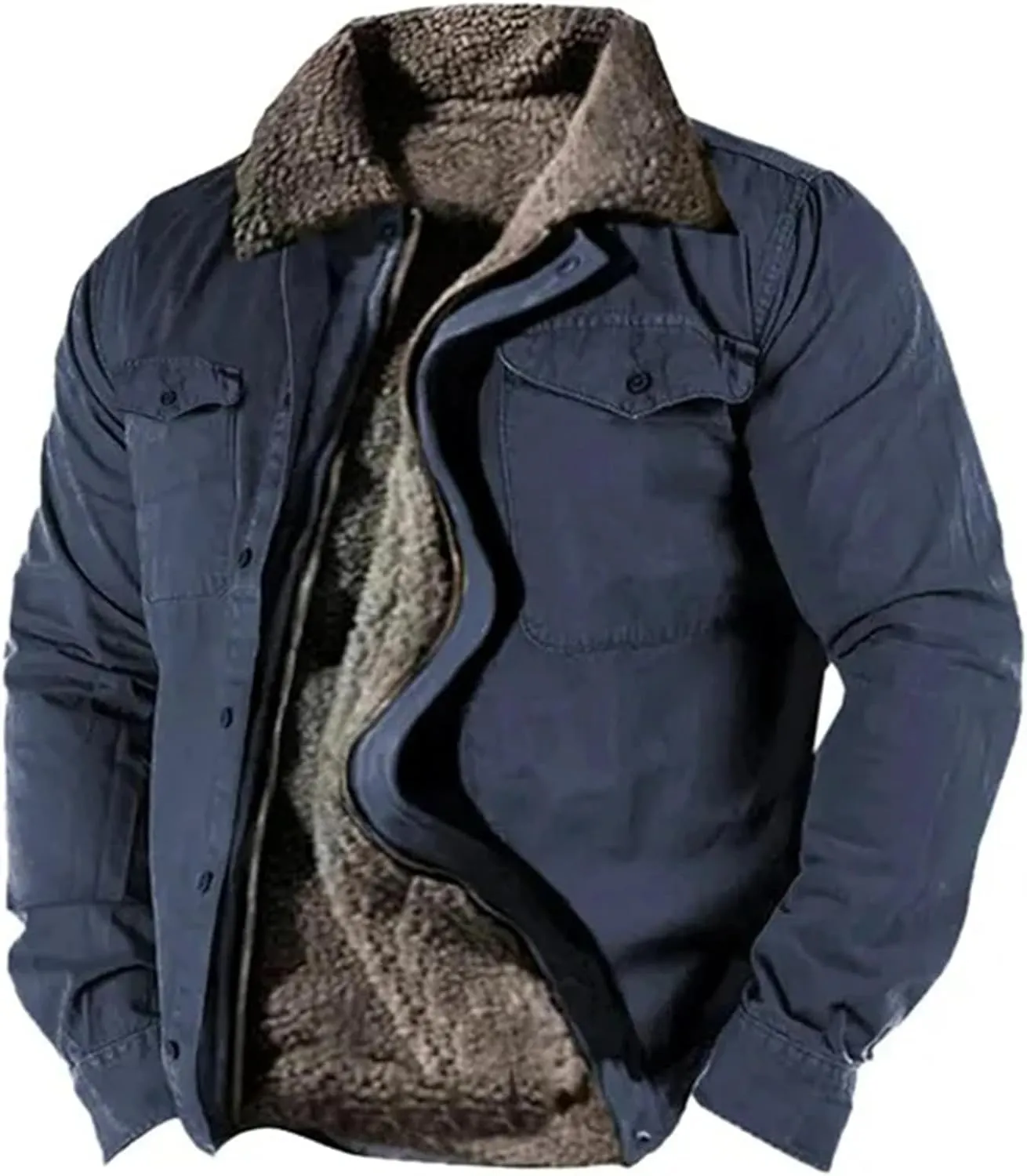 Mens Winter Jacket Sherpa Lined Coat Fleece Vintage Jackets Warm Outdoor Coat Zipper Button Shirt Jacket Top Outwear