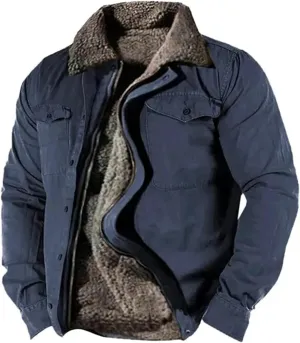 Mens Winter Jacket Sherpa Lined Coat Fleece Vintage Jackets Warm Outdoor Coat Zipper Button Shirt Jacket Top Outwear