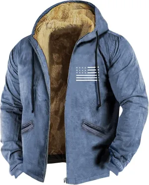 Men's Winter Sherpa Lined Hoodie Jacket Flag Print Zip Up Sweatshirt Heavyweight Warm Fleece Coat with Pockets M-7XL