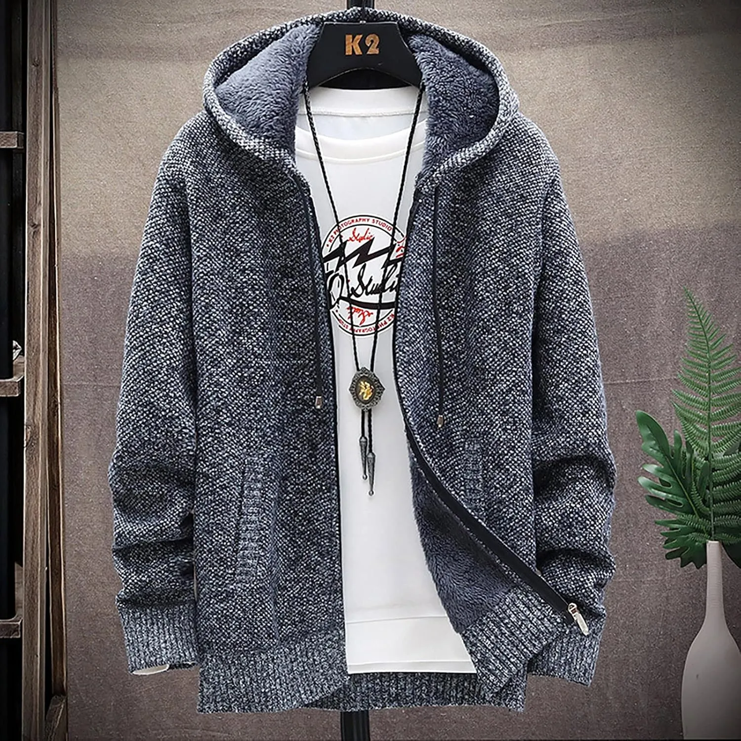 Men's Winter Sherpa Lined Hoodie Jackets Full Zip Up Sweater Knit Cardigan Warm Fleece Coats, M-3XL