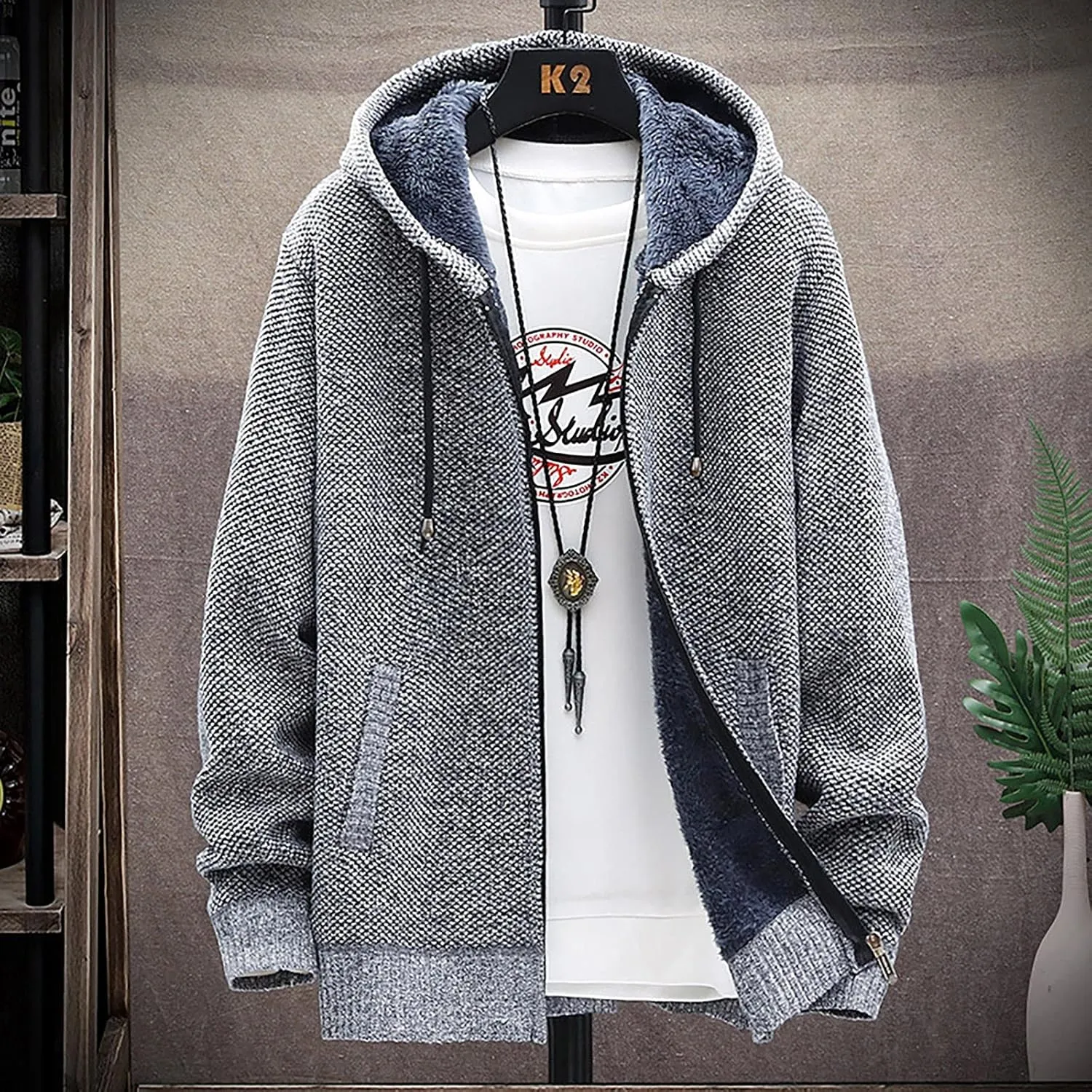 Men's Winter Sherpa Lined Hoodie Jackets Full Zip Up Sweater Knit Cardigan Warm Fleece Coats, M-3XL