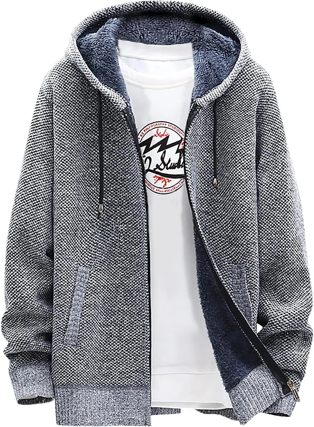 Men's Winter Sherpa Lined Hoodie Jackets Full Zip Up Sweater Knit Cardigan Warm Fleece Coats, M-3XL