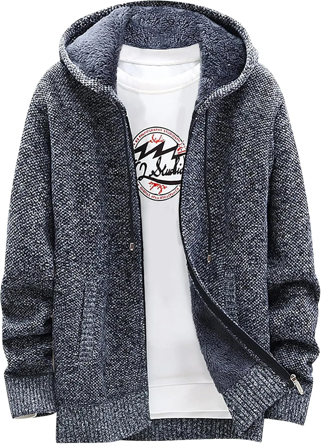 Men's Winter Sherpa Lined Hoodie Jackets Full Zip Up Sweater Knit Cardigan Warm Fleece Coats, M-3XL