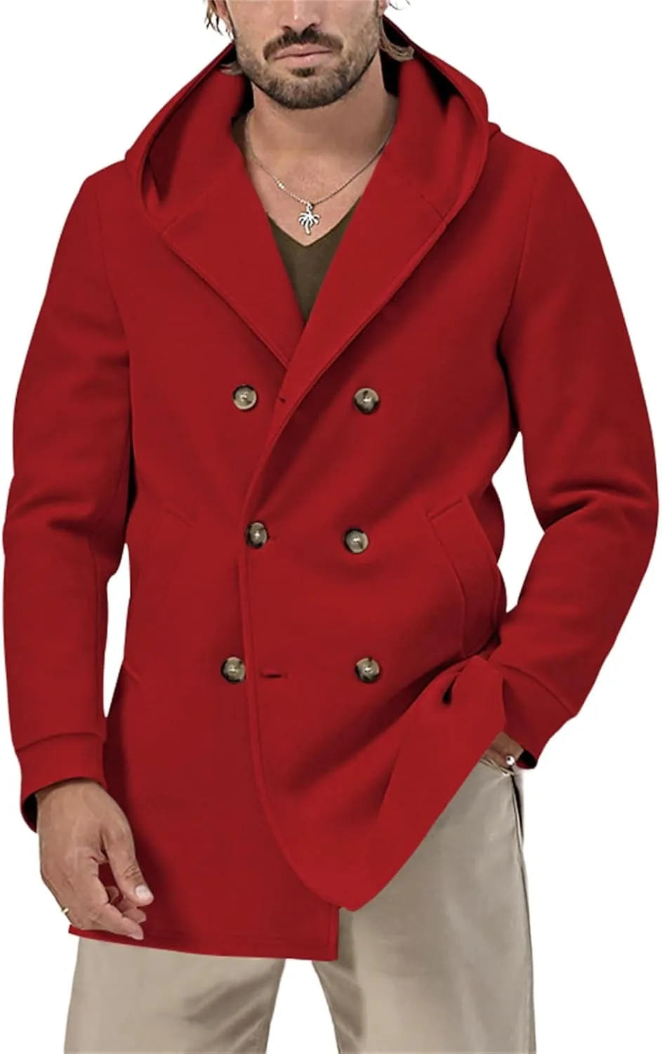 Mens Wool Pea Coat & Space Cotton Trench Coat Solid Color, Double Breasted Warm Hooded Jackets Button Down Coat