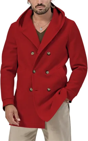 Mens Wool Pea Coat & Space Cotton Trench Coat Solid Color, Double Breasted Warm Hooded Jackets Button Down Coat