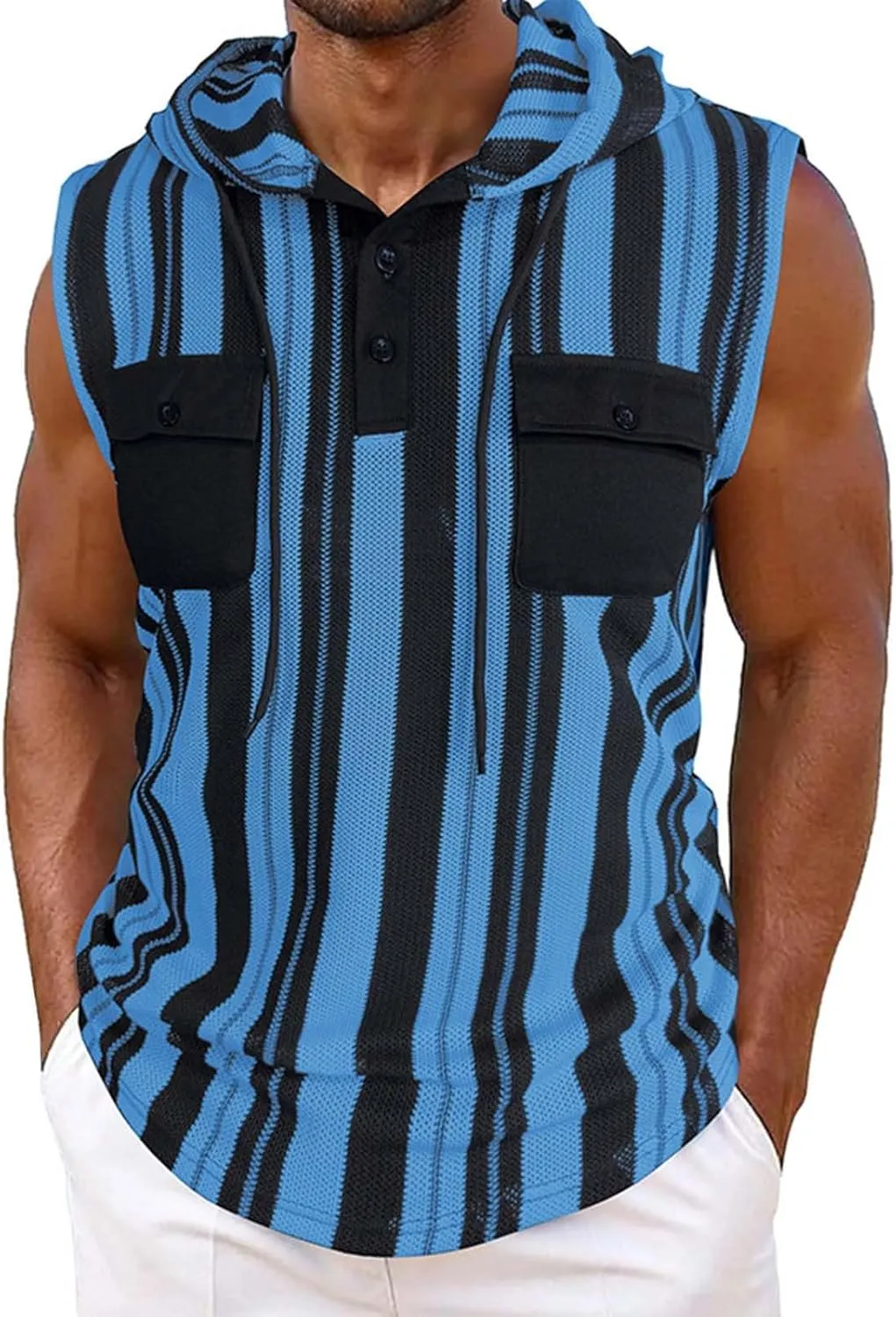 Mens Workout Hoodies Tank Tops Casual Athletic Striped Gym Bodybuilding Muscle Cut Off Shirts Sport Active Tee Tops