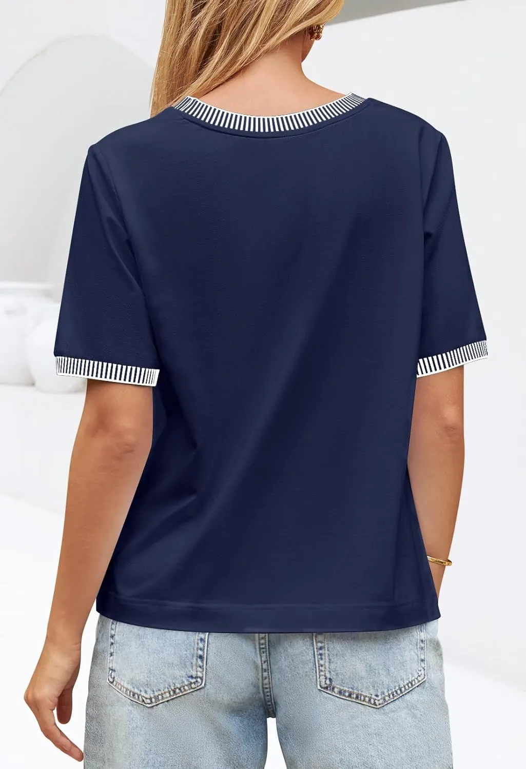 MEROKEETY Women's 2025 Short Sleeve Striped Color Block T Shirts Crewneck Loose Casual Tee Tops