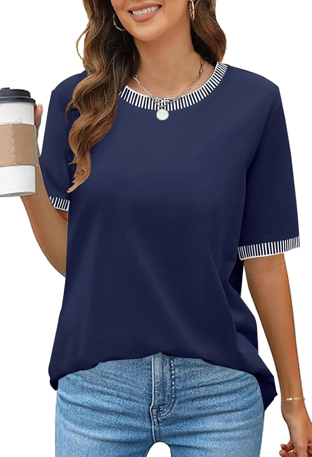 MEROKEETY Women's 2025 Short Sleeve Striped Color Block T Shirts Crewneck Loose Casual Tee Tops