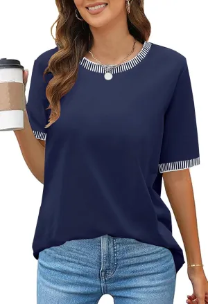 MEROKEETY Women's 2025 Short Sleeve Striped Color Block T Shirts Crewneck Loose Casual Tee Tops