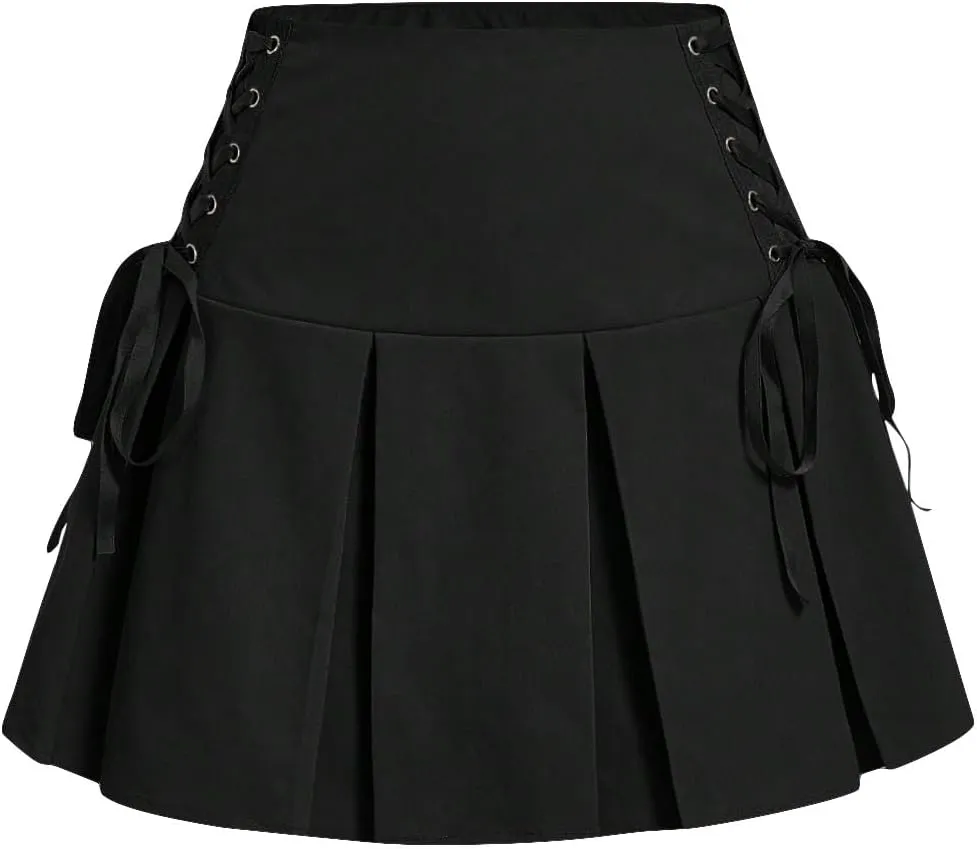 Milumia Women's Pleated High Waisted Lace Up Skirts Solid A Line Mini Skirts