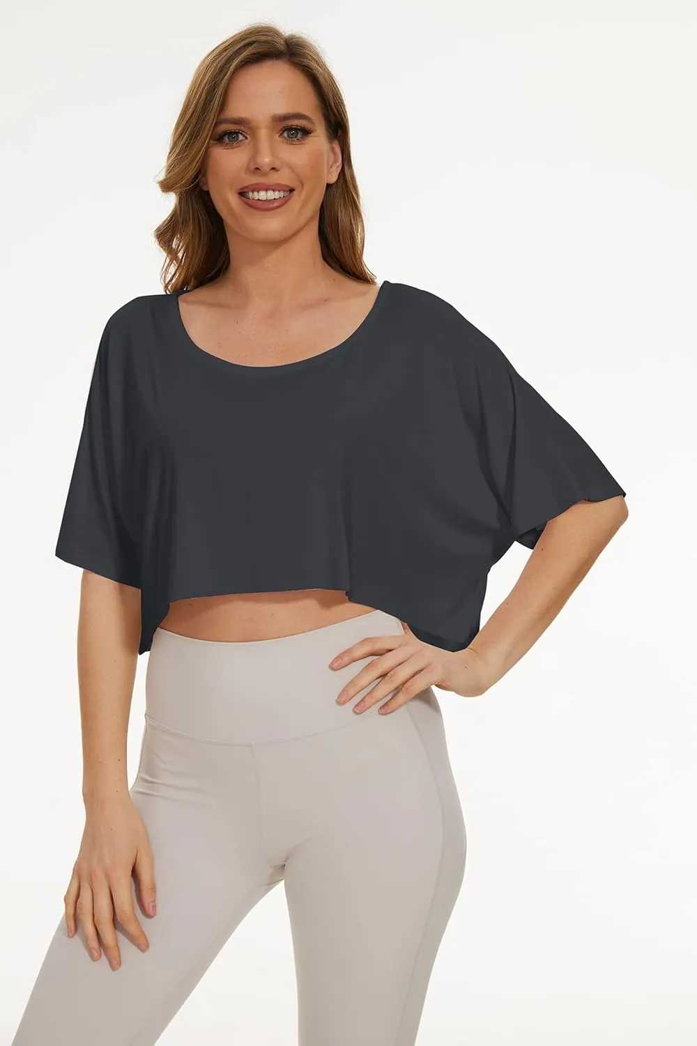 MISSACTIVER Women Oversized Half Sleeve Boat Neck Crop Tee Shirt Workout Off Shoulder Relaxed Basic Cropped T-Shirts Top