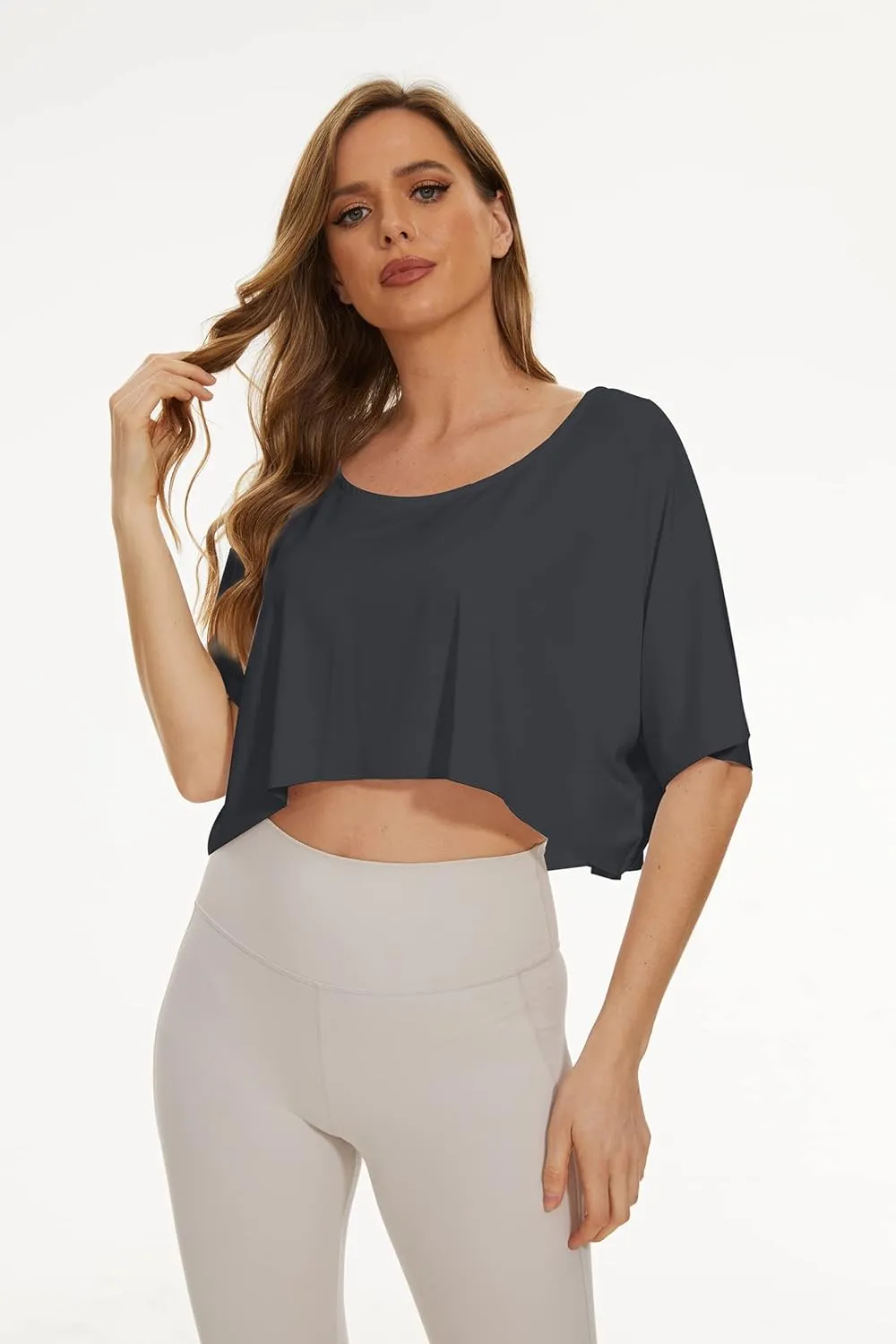 MISSACTIVER Women Oversized Half Sleeve Boat Neck Crop Tee Shirt Workout Off Shoulder Relaxed Basic Cropped T-Shirts Top