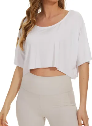 MISSACTIVER Women Oversized Half Sleeve Boat Neck Crop Tee Shirt Workout Off Shoulder Relaxed Basic Cropped T-Shirts Top