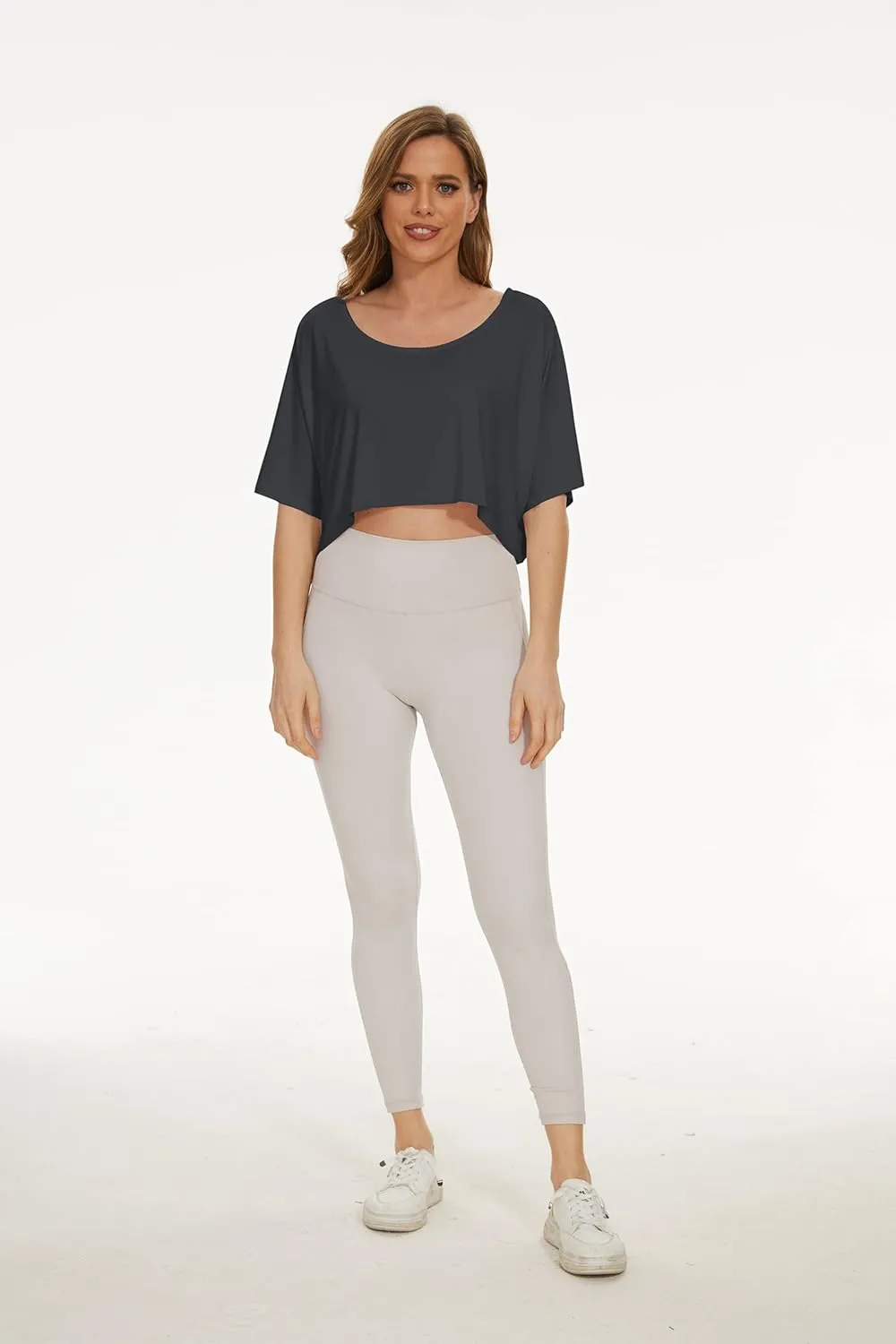 MISSACTIVER Women Oversized Half Sleeve Boat Neck Crop Tee Shirt Workout Off Shoulder Relaxed Basic Cropped T-Shirts Top