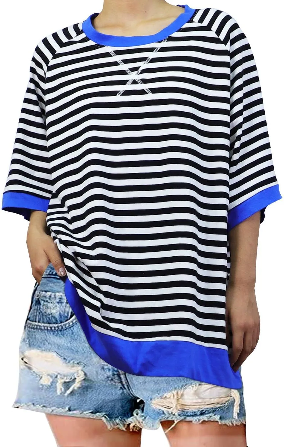 Oversized T-Shirts Striped Crewneck Short Sleeve Casual Tops Loose Blouses Tops for Women Trendy
