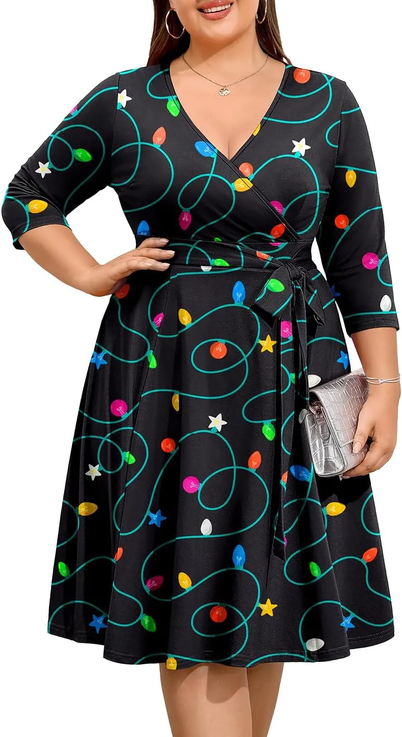 Pinup Fashion Women Plus Size Christmas Dress  Ugly Xmas Print Holiday Funny 2024 Wrap V-Neck Fall Midi Dresses
