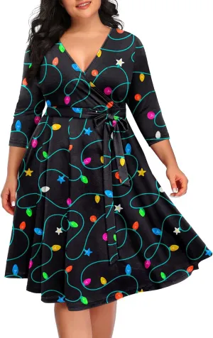 Pinup Fashion Women Plus Size Christmas Dress  Ugly Xmas Print Holiday Funny 2024 Wrap V-Neck Fall Midi Dresses