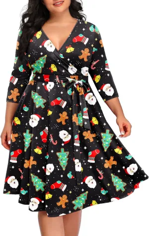 Pinup Fashion Women Plus Size Christmas Dress  Ugly Xmas Print Holiday Funny 2024 Wrap V-Neck Fall Midi Dresses