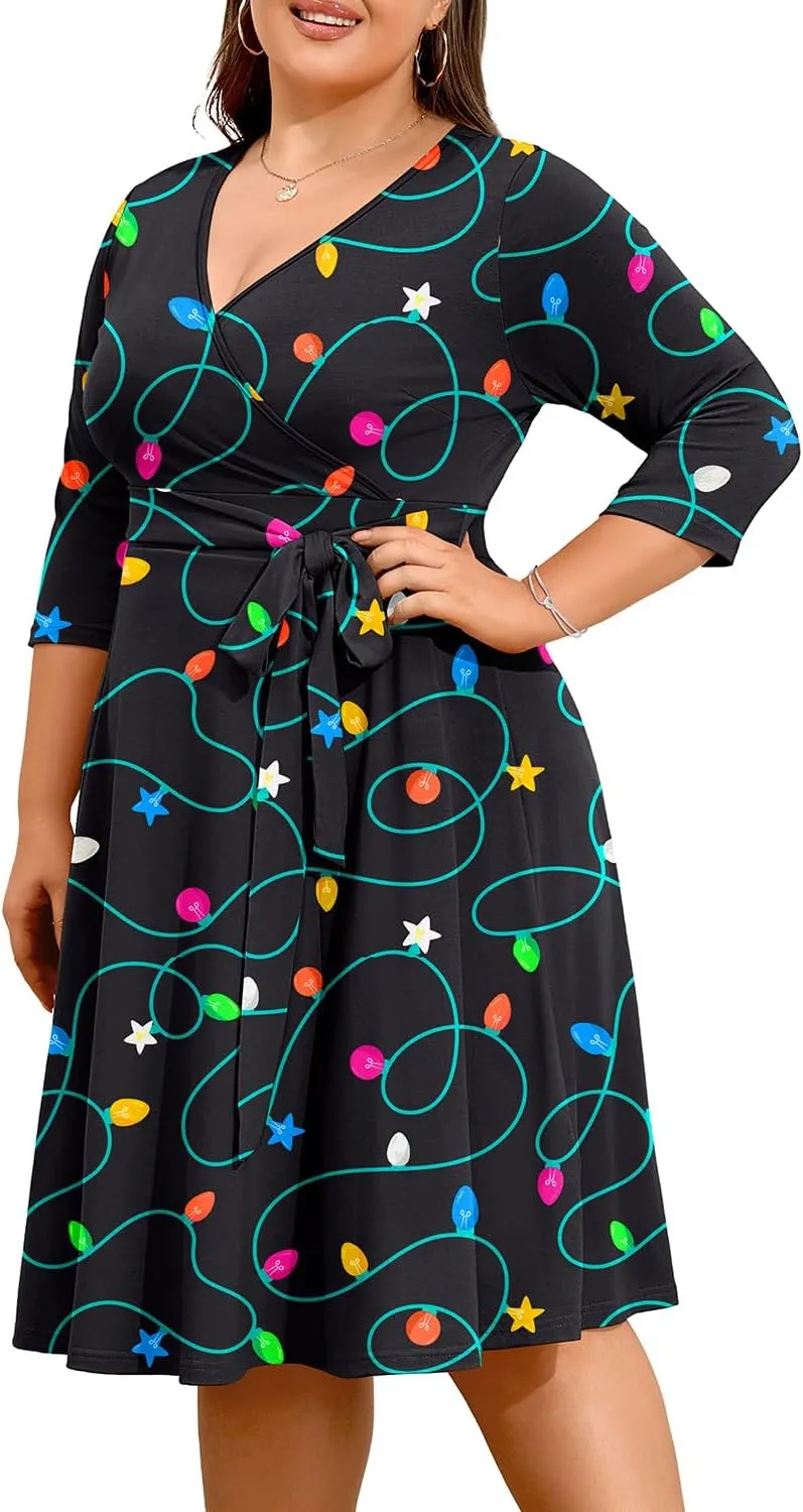 Pinup Fashion Women Plus Size Christmas Dress  Ugly Xmas Print Holiday Funny 2024 Wrap V-Neck Fall Midi Dresses