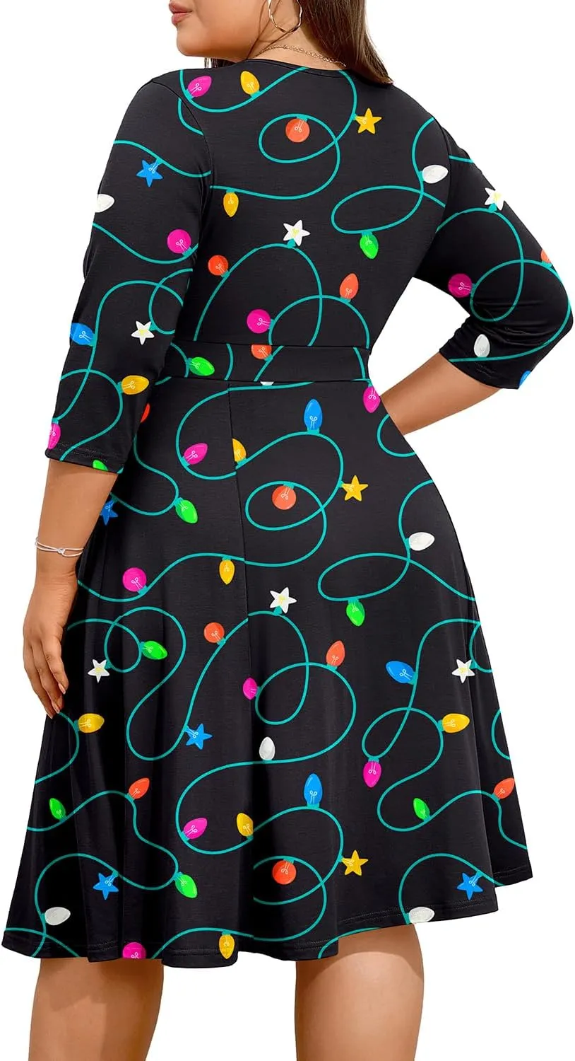 Pinup Fashion Women Plus Size Christmas Dress  Ugly Xmas Print Holiday Funny 2024 Wrap V-Neck Fall Midi Dresses