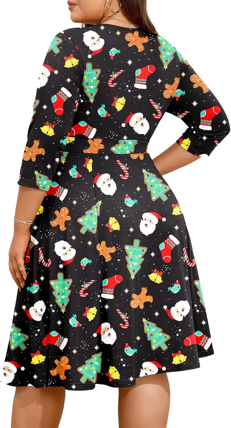 Pinup Fashion Women Plus Size Christmas Dress  Ugly Xmas Print Holiday Funny 2024 Wrap V-Neck Fall Midi Dresses