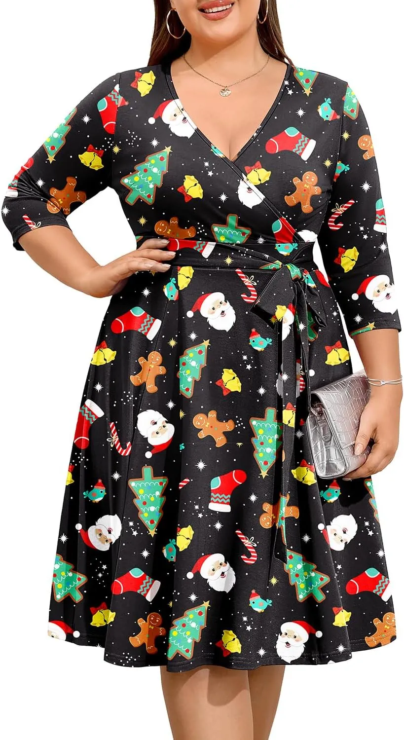 Pinup Fashion Women Plus Size Christmas Dress  Ugly Xmas Print Holiday Funny 2024 Wrap V-Neck Fall Midi Dresses