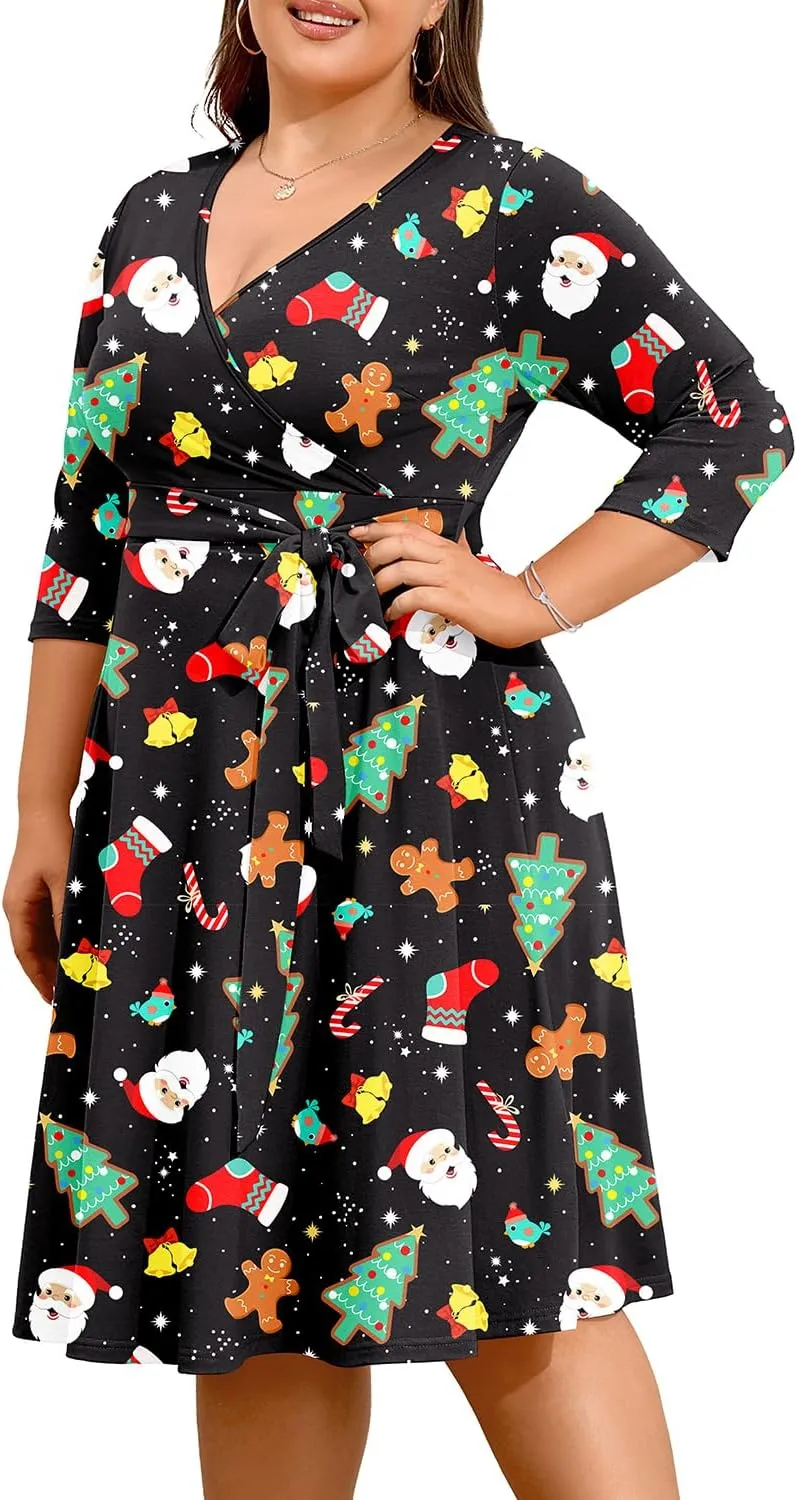 Pinup Fashion Women Plus Size Christmas Dress  Ugly Xmas Print Holiday Funny 2024 Wrap V-Neck Fall Midi Dresses