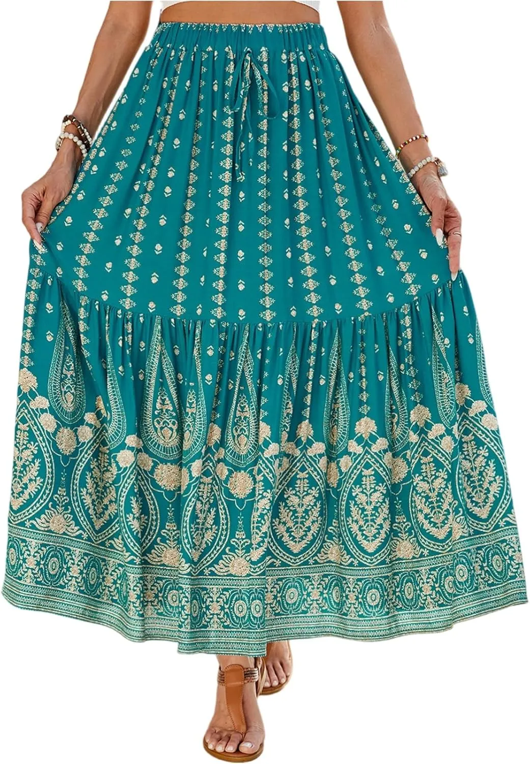 Pleated Skirts for Women, Long Boho Skirt Spring Summer Casual Flowy Maxi Skirts 2025 Trendy Wrap Tiered