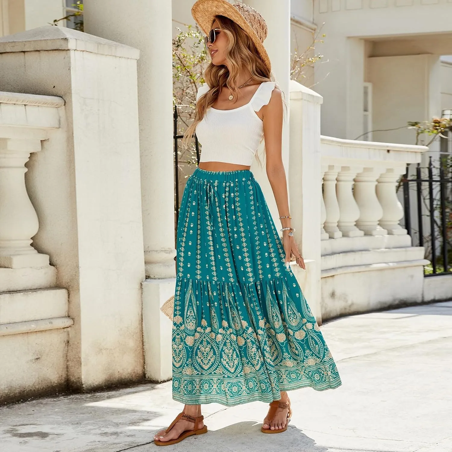 Pleated Skirts for Women, Long Boho Skirt Spring Summer Casual Flowy Maxi Skirts 2025 Trendy Wrap Tiered