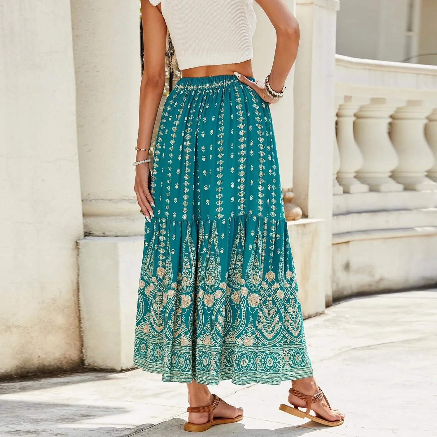 Pleated Skirts for Women, Long Boho Skirt Spring Summer Casual Flowy Maxi Skirts 2025 Trendy Wrap Tiered