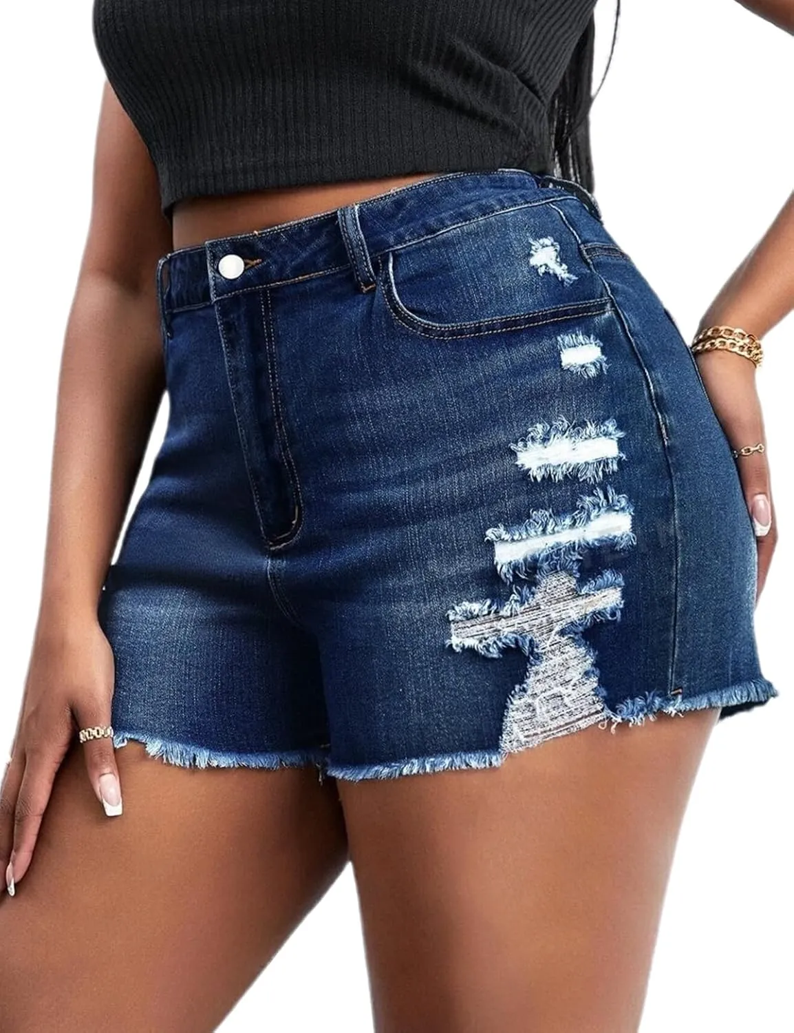 Plus Size Denim Shorts Women High Waisted Ripped Folded Hem Jean Shorts
