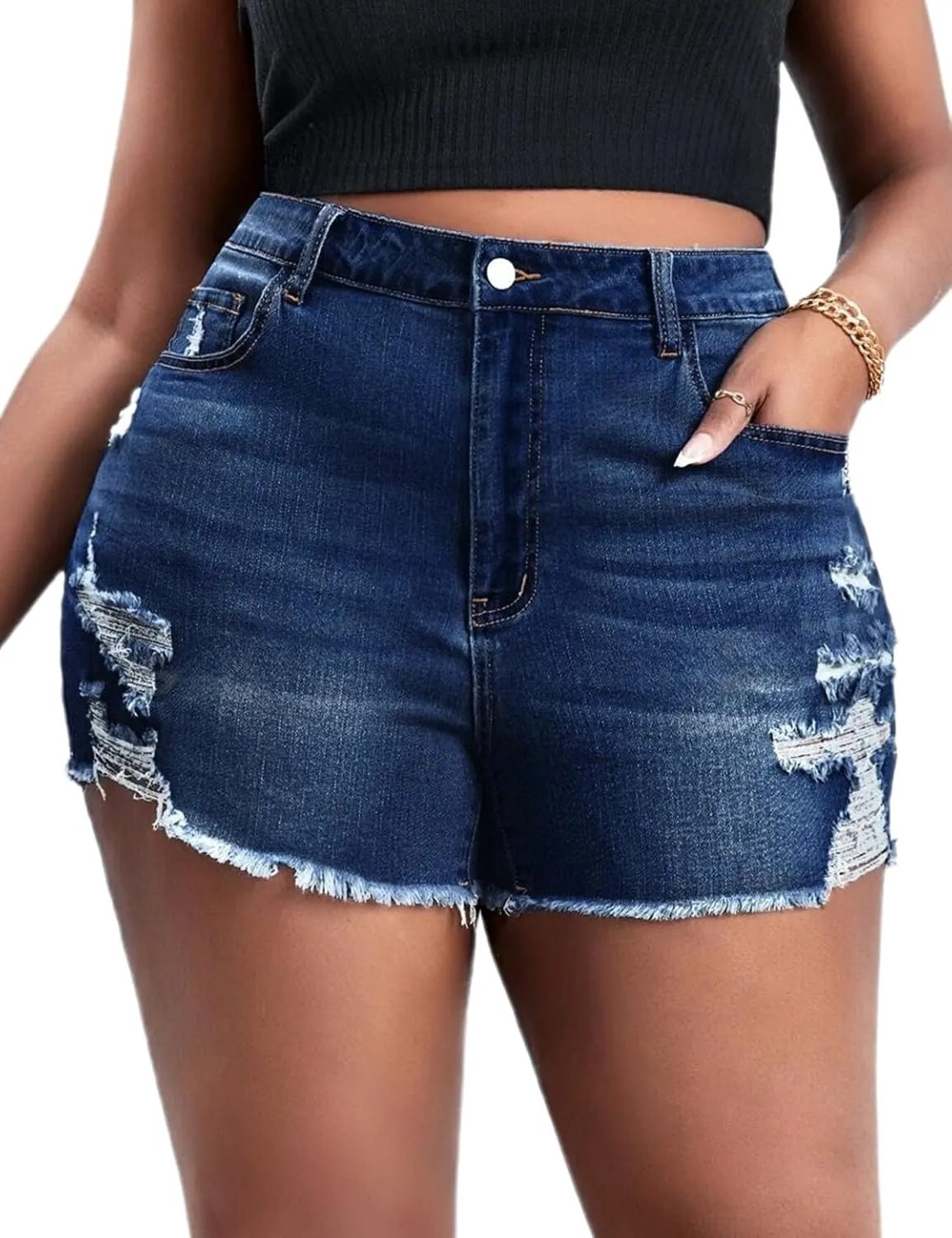 Plus Size Denim Shorts Women High Waisted Ripped Folded Hem Jean Shorts