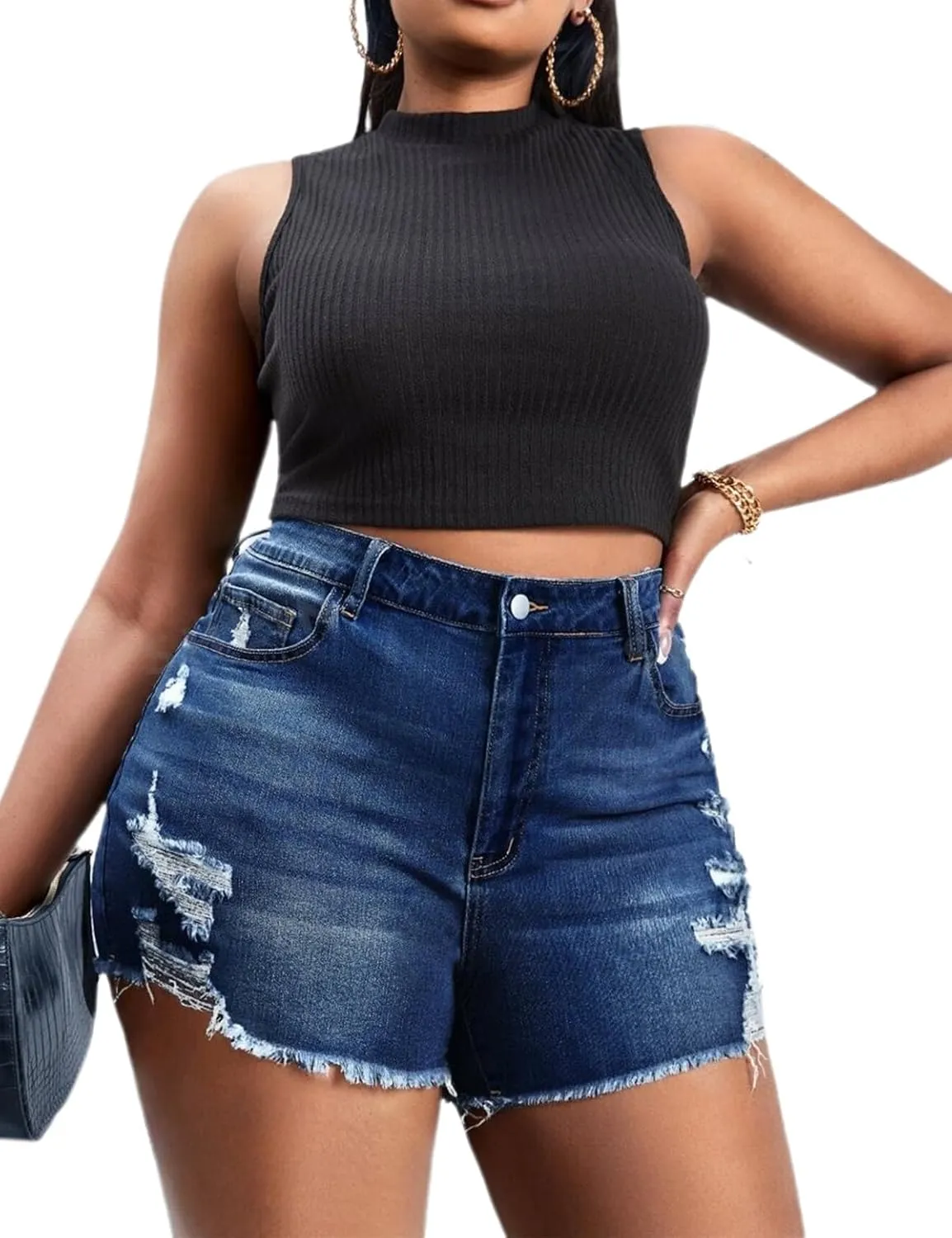 Plus Size Denim Shorts Women High Waisted Ripped Folded Hem Jean Shorts