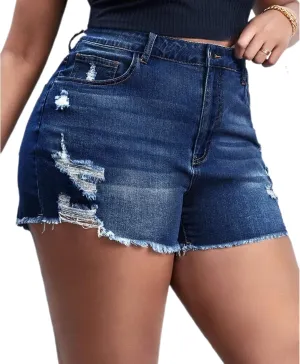 Plus Size Denim Shorts Women High Waisted Ripped Folded Hem Jean Shorts