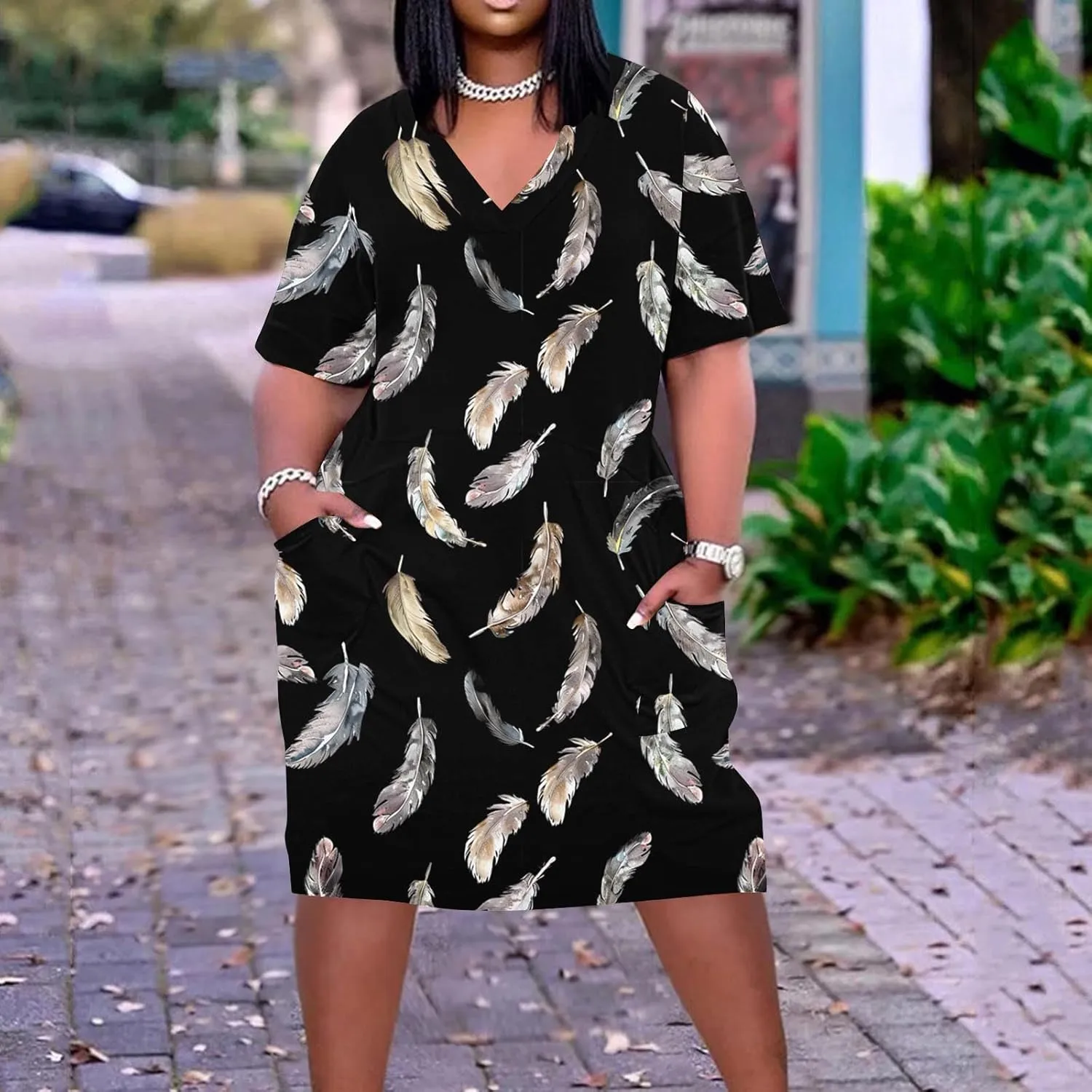 Plus Size Dress for Women Summer Casual Sundress Oversized Printed Loose Casual Dress Short Sleeved Knee Length Dress