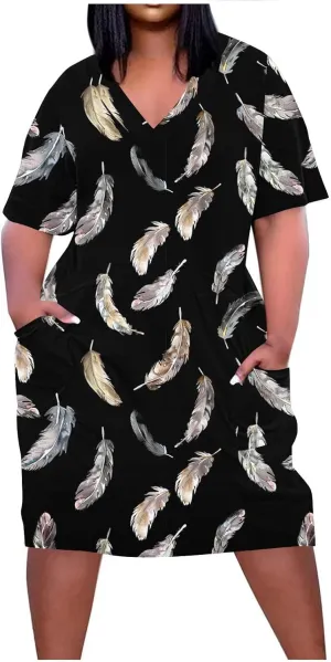 Plus Size Dress for Women Summer Casual Sundress Oversized Printed Loose Casual Dress Short Sleeved Knee Length Dress