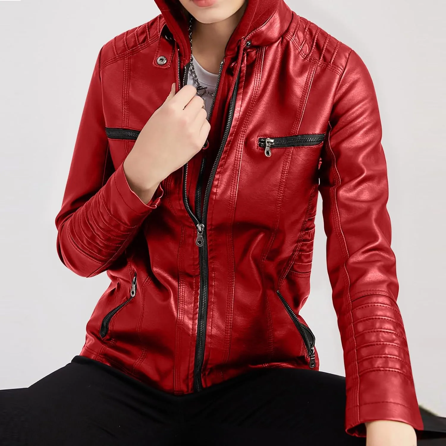 Plus Size Faux Leather Jacket for Women Casual Motorcycle Biker Jacket Long Sleeve Hooded Quilted Full-Zip Coat