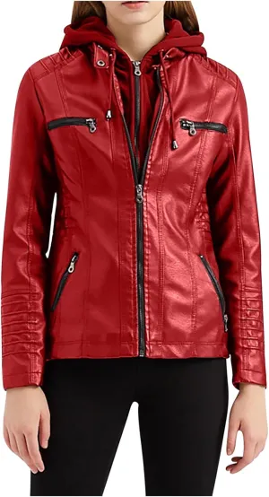 Plus Size Faux Leather Jacket for Women Casual Motorcycle Biker Jacket Long Sleeve Hooded Quilted Full-Zip Coat