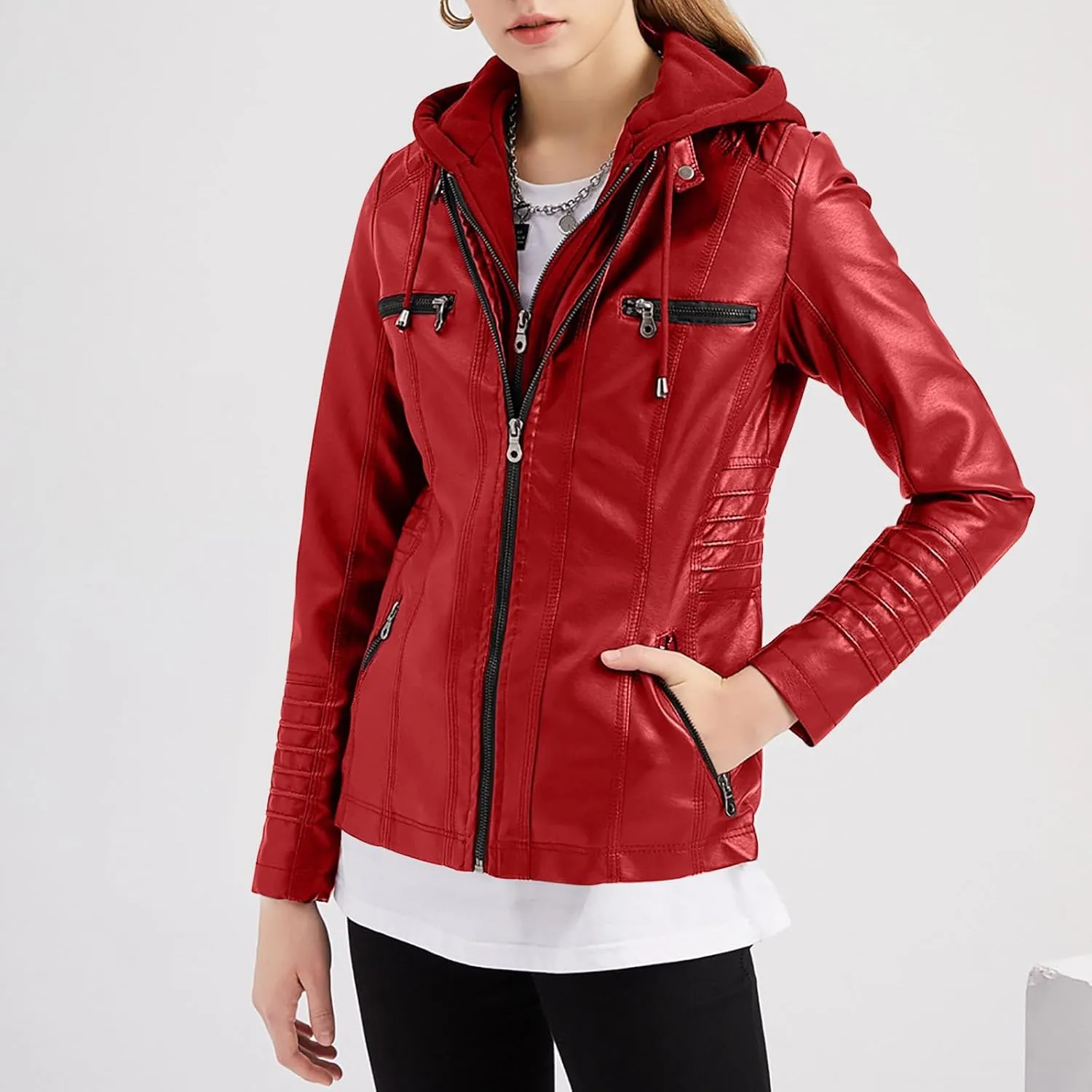 Plus Size Faux Leather Jacket for Women Casual Motorcycle Biker Jacket Long Sleeve Hooded Quilted Full-Zip Coat