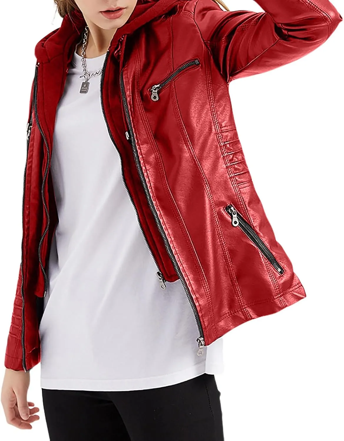 Plus Size Faux Leather Jacket for Women Casual Motorcycle Biker Jacket Long Sleeve Hooded Quilted Full-Zip Coat