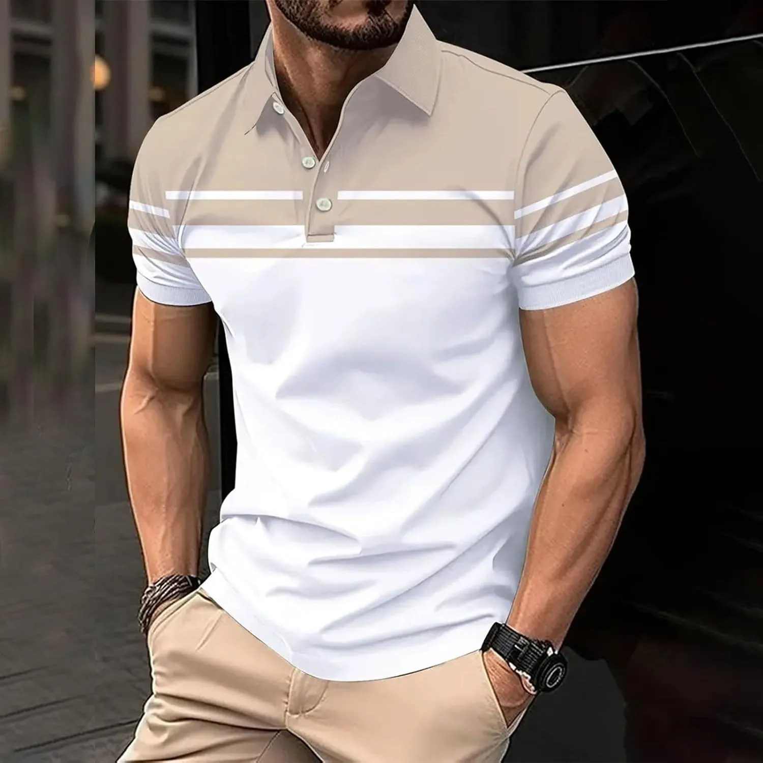 Polo Shirts for Men Moisture Wicking Performance Casual Short Sleeve Golf Shirt Stylish Striped Smart Formal T-Shirts