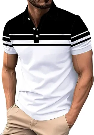 Polo Shirts for Men Moisture Wicking Performance Casual Short Sleeve Golf Shirt Stylish Striped Smart Formal T-Shirts