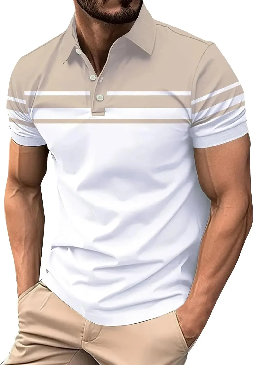 Polo Shirts for Men Moisture Wicking Performance Casual Short Sleeve Golf Shirt Stylish Striped Smart Formal T-Shirts