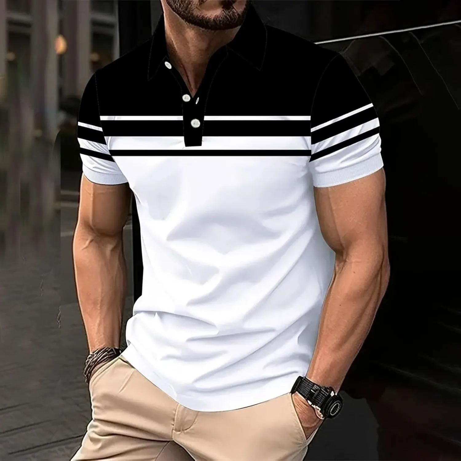 Polo Shirts for Men Moisture Wicking Performance Casual Short Sleeve Golf Shirt Stylish Striped Smart Formal T-Shirts