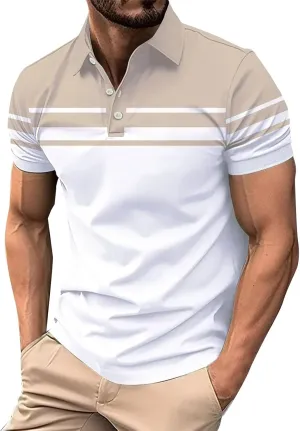 Polo Shirts for Men Moisture Wicking Performance Casual Short Sleeve Golf Shirt Stylish Striped Smart Formal T-Shirts