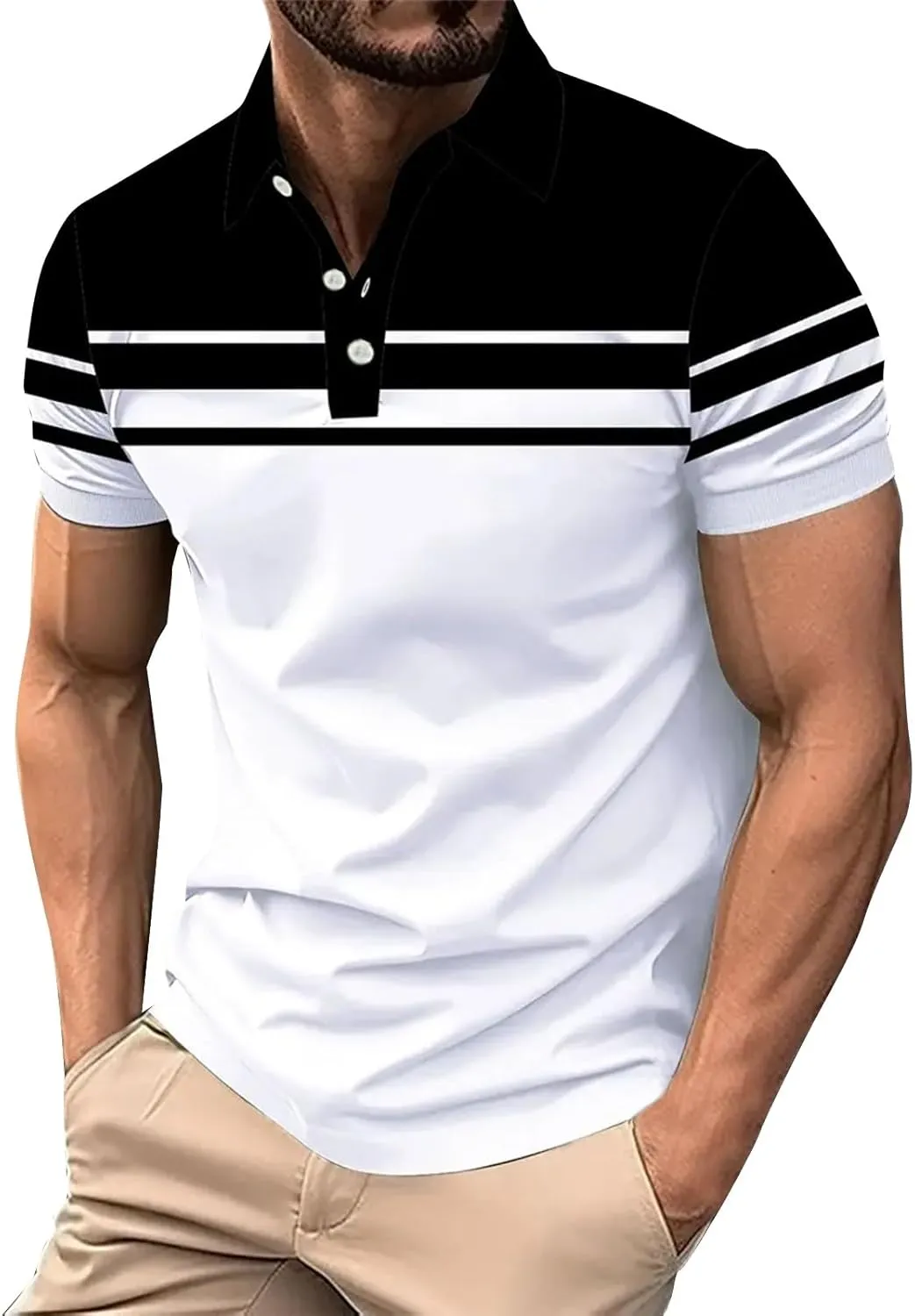 Polo Shirts for Men Moisture Wicking Performance Casual Short Sleeve Golf Shirt Stylish Striped Smart Formal T-Shirts