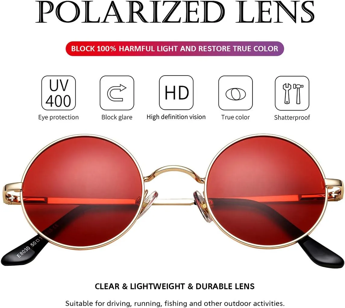 PORADAY Classic Circle Glasses Retro Round Polarized Sunglasses Hippie Style Small Rounded Sun Shades