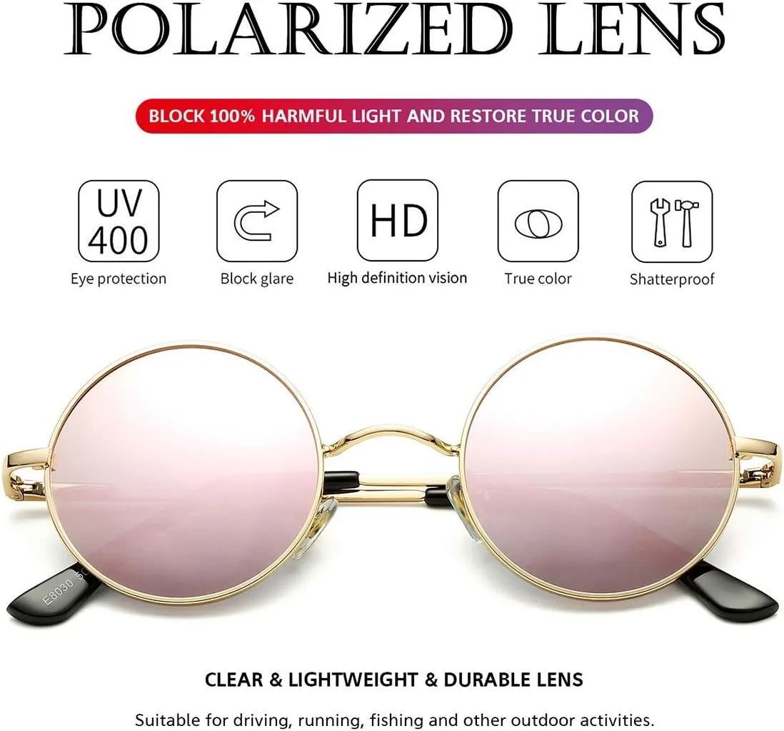 PORADAY Classic Circle Glasses Retro Round Polarized Sunglasses Hippie Style Small Rounded Sun Shades