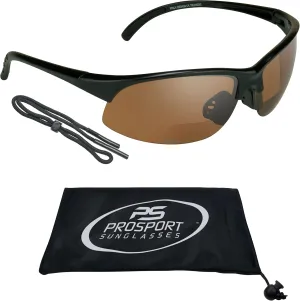 proSPORT Bifocal Reader Sunglass w/Strap Half Rim Sport Night Yellow, High Definition HD, Smoke or Brown Lenses