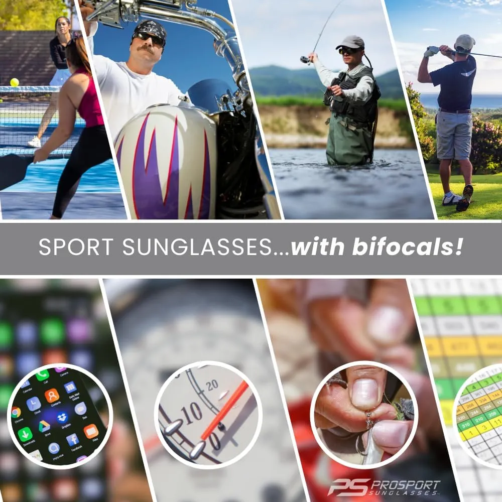 proSPORT Bifocal Reader Sunglass w/Strap Half Rim Sport Night Yellow, High Definition HD, Smoke or Brown Lenses